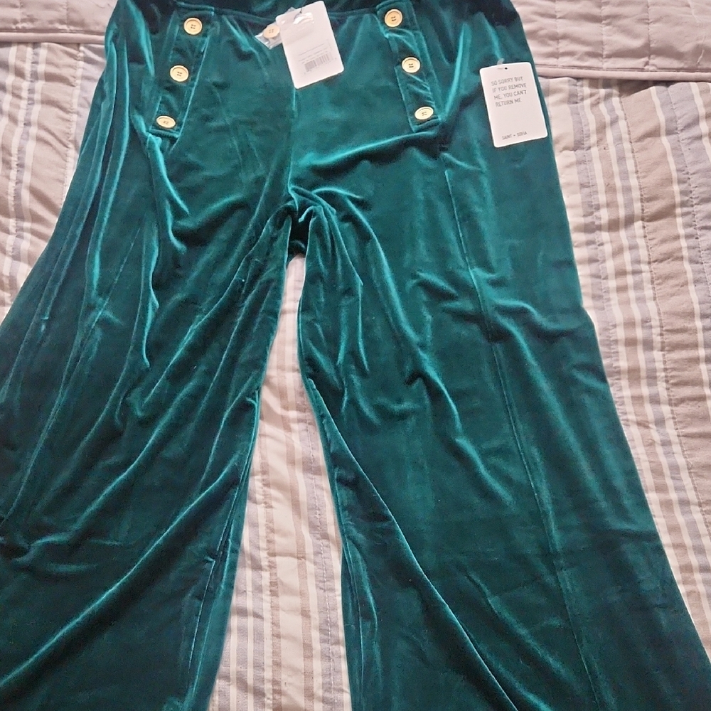 Emerald Green Velvet Pants with Gold Buttons